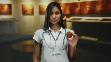 Woman doctor in museum holding stethoscope demonstrating expertise in medical field indoors surrounded by art gallery exhibits.
