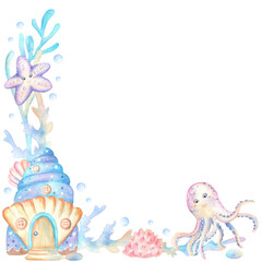 Bottom left corner of seashell house, octopus and starfish characters, corals and seaweeds, bubbles. Underwater kingdom clipart. Hand-drawn watercolor illustration for postcards, posters, frames