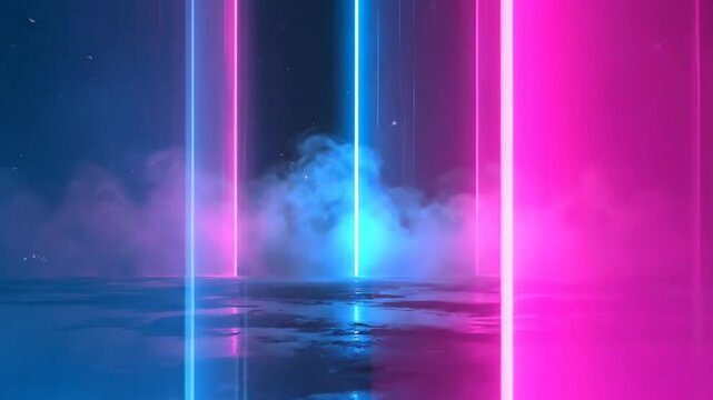 Abstract neon light installation with blue and pink glowing lines, creating a futuristic atmosphere.