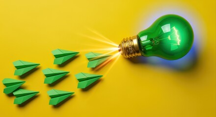 Green Innovation: Paper Airplanes Flying Towards a Bright, Eco-Friendly Idea represented by a Green Lightbulb on Yellow