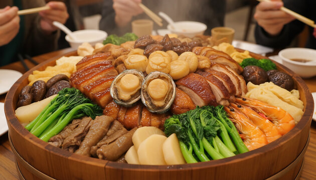 A festive Chinese New Year banquet featuring a lavish braised meat platter with vegetables and seafood, symbolizing abundance, prosperity, and joyful family reunion.