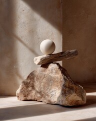 Obraz premium White sphere balanced on rough stone in dramatic light
