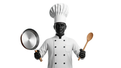 Chef holding a frying pan and a wooden spoon