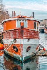 Fototapeta premium Vintage Wooden Boat Moored in Nyhavn Canal, Copenhagen, Denmark