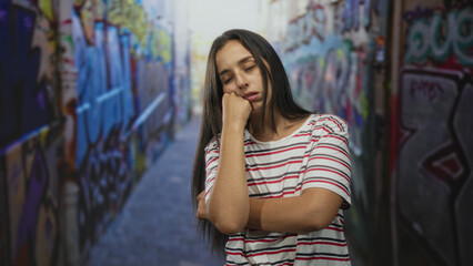 Naklejka premium Woman resting chin on fist in graffiti street alley, wearing striped tshirt with closed eyes and long hair, freckle visible; tired solitude.