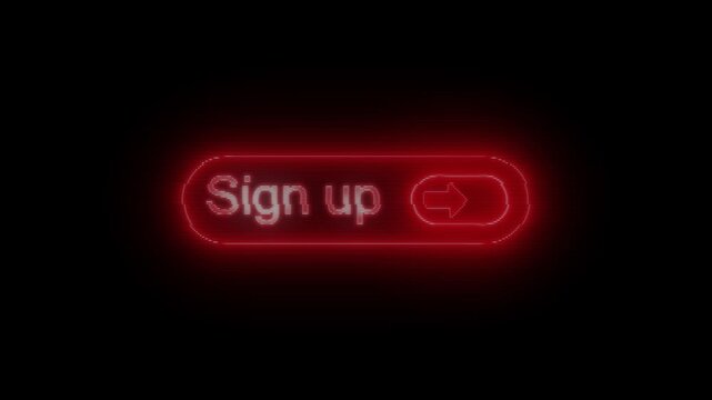 Red glowing neon sign up button with animated arrow icon flickering on black background video