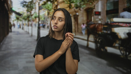 Woman young hispanic clapping hands with a thoughtful gaze on a busy city street beside a horse...