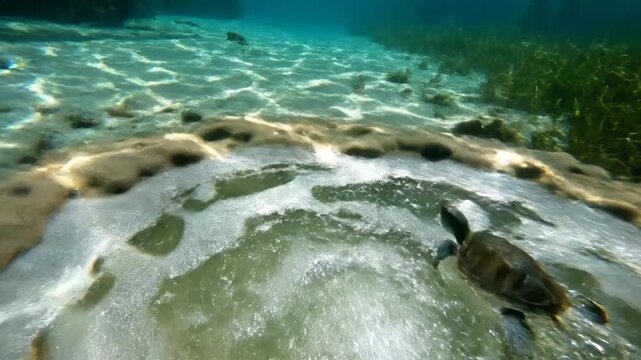 Underwater scene of porous limestone rocks with circular pool and divers exploring calm blue depths