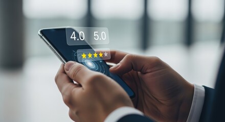 Customer Feedback on Smartphone with Star Ratings Overlay Representing High Scores and Positive Online Reviews