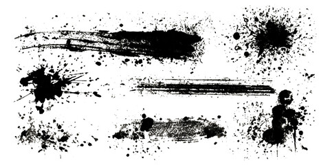 Obraz premium Abstract black ink paint grunge brush stroke border set background. grungy rough brushstrokes splatter stains dirty textured and transparent background vector collection.