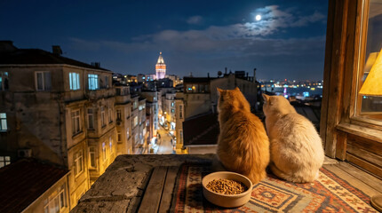 Obraz premium Two cats sitting on a cozy terrace overlooking Istanbul at night, with glowing city lights and the moon creating a calm, atmospheric urban scene. 