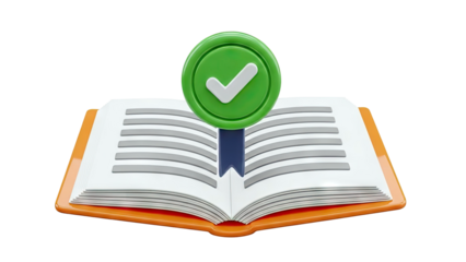 Open book with a green checkmark bookmark