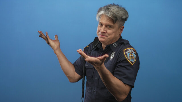 Police officer, middle aged with grey hair, gestures with palms up and points finger while radio mic visible in studio; wry doubt.