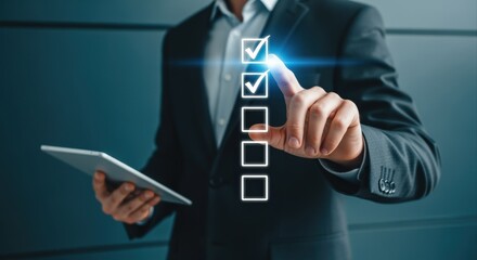 Digital Checklist: Businessman Ticking Off Tasks on Virtual Interface with Tablet for Project Management