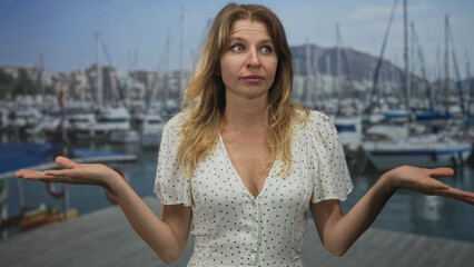 Woman calling with cupped hands and open arms on marina dock beside moored boats in seaside port; urgent call.