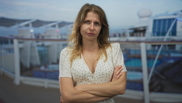 Woman in polka dot dress with visible cleavage and arms crossed on studio deck near ship railing and pool; defiance.