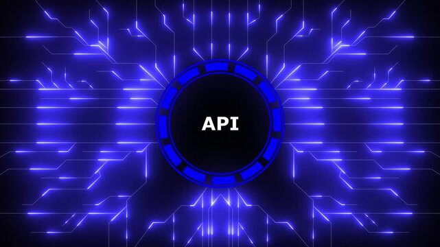 API - Application Programming Interface. Software development tool. Business, modern technology, internet and networking concept. Digital Data moving on Circuit Board and CPU.
