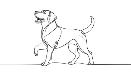 A linear artwork depicts a dog in a continuous line. It stands, one leg lifted, with its mouth open