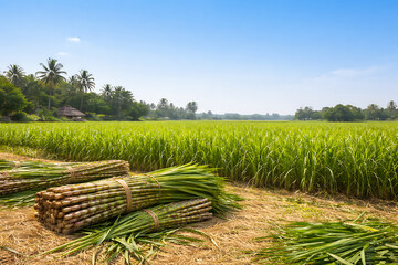 Colorful sugarcane harvest scene in India, lush green fields, clear blue sky, natural rural setting