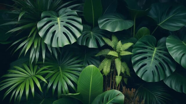 Tropical Leaves in Dark Green Forest.