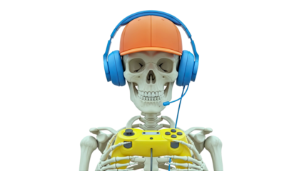 Skeleton gamer with headset and controller