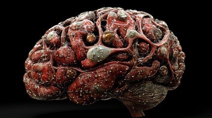 Anatomical 3D model of a human brain, showing texture and intricate vascular structure against black