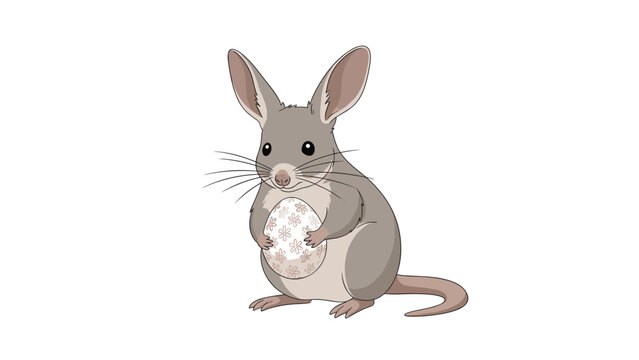 Cute cartoon bilby or desert mouse sitting upright and holding a decorated white Easter egg with floral patterns on its shell.