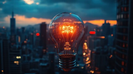 Luminous incandescent bulb glows against an evening city skyline, symbolizing ideas and innovation