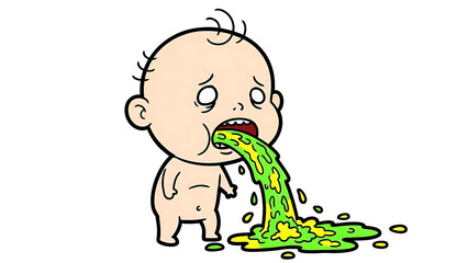 A cartoon baby vomiting green liquid on the floor, viewed from the side in a simple illustration style