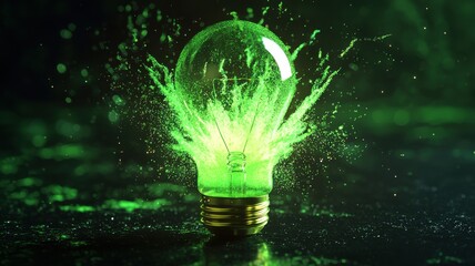 Green Energy Concept: Exploding Lightbulb with Green Splash lightbulb splash green energy explosion
