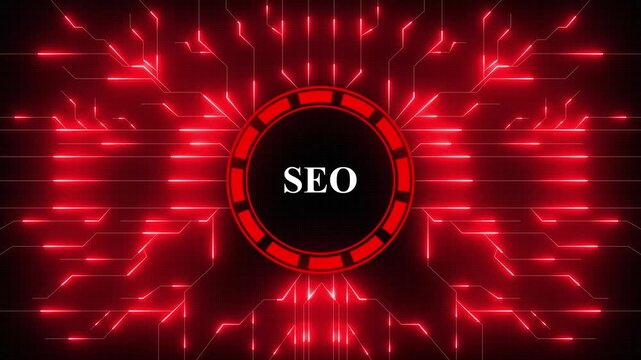 SEO - Search Engine Optimization. seo concept head up display (HUD UI) panel and futuristic technology. Digital Data moving on Circuit Board and CPU . Computer Processing and organizing data.