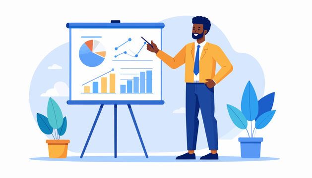 Business Presentation, Data Analysis, Office, Illustration, Professional Environment, Side View, Growth Insights