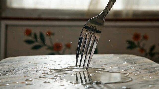 A close-up of a shiny fork piercing a pool of water on a table, with a delicate butterfly in the background, natural light creating a serene atmosphere