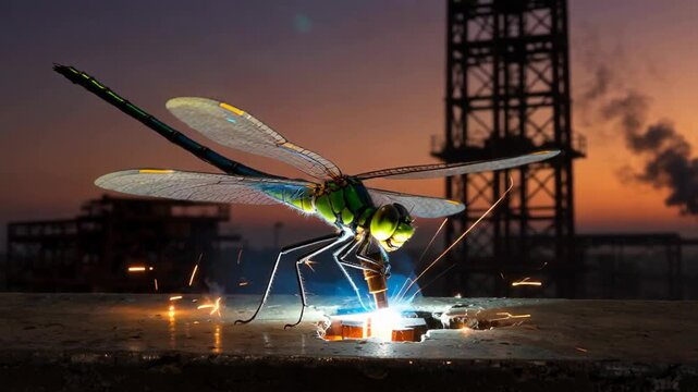 Close-up of a vibrant dragonfly reflecting on a metallic surface while sparks fly in the background during dawn