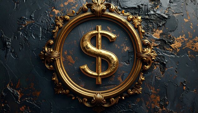 Golden Dollar Sign in Ornate Frame on Textured Background.