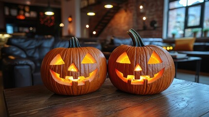 Two carved pumpkins on a rustic wooden table, Halloween decor in a warm interior
