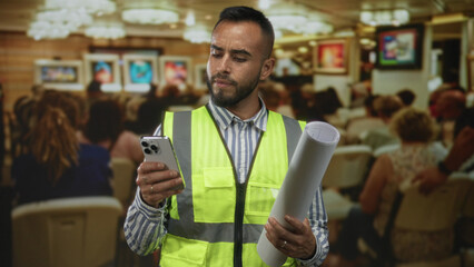 Man holding rolled plans and smartphone, wearing hi vis safety vest in building; planning...