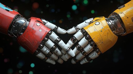 Two robot hands in vibrant red and yellow, clasped in a gesture of unity, against a blurred, dark background