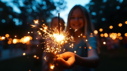 Children hold a glowing sparkler at dusk, celebrating outdoors. Festive lights in background