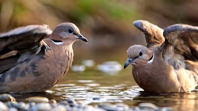 Two brown doves stand by the water, facing each other, droplets flick as ripples bloom on lake, at dawn