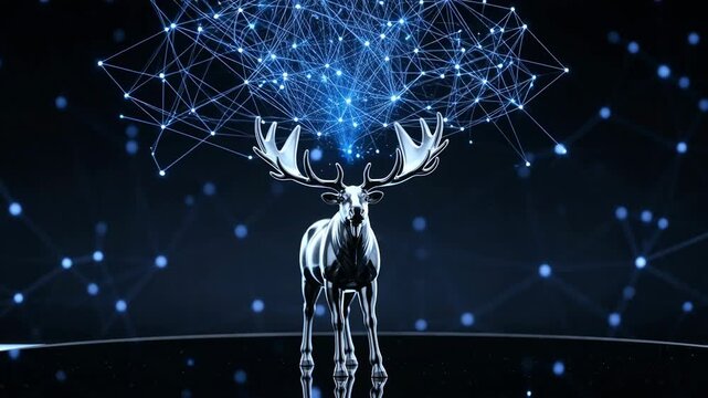 A digital representation of a moose composed of geometric shapes and glowing particles, set against a dark, starry background