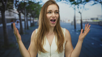 Woman with open mouth wearing white top shrugging shoulders on paved sidewalk lined with trees in...