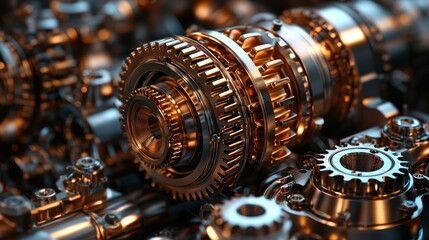Close-up of complex gears in metallic gold and silver, showing the inner workings of a machine