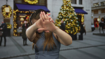 Young caucasian woman wearing sleeveless top holds palms forward for stop gesture on city street amid blurred passersby; panic.
