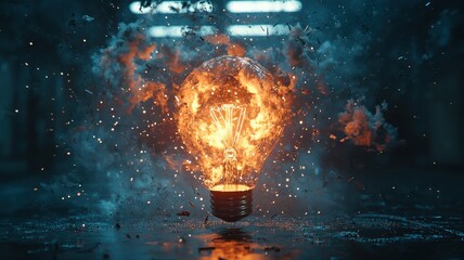 Exploding Light Bulb Representing Innovation and Breakthrough exploding innovation breakthrough fire