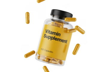 Vitamin supplement bottle and capsules pills health isolated on a transparent background