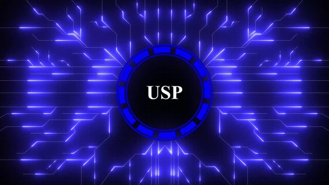 USP &ndash; Unique Selling Proposition. USP concept head up display (HUD UI) panel and futuristic technology . Digital Data moving on Circuit Board and CPU . Computer Processing and organizing data.