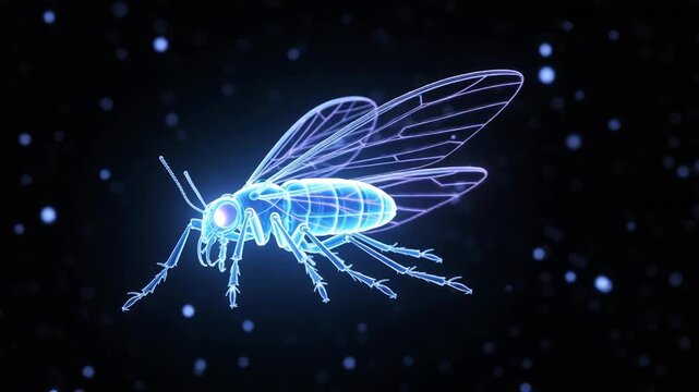 Illustration of a radiant insect with glowing features flying through a starry background, emphasizing bioluminescence and ethereal beauty