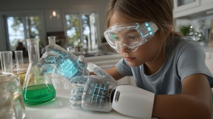 Child in safety goggles examines green liquid with futuristic gloves displaying blue holographic interfaces.
STEM education, science experiment, and tech innovation theme for edutainment, robotics