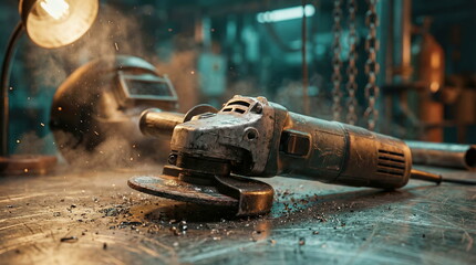 Angle grinder on a dusty metal workbench with debris and sparks, representing industrial work, craftsmanship, and powerful tools in a workshop.
